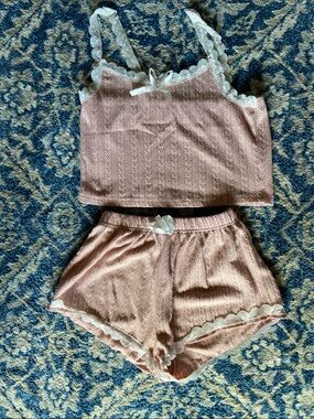 Lace-Trim Ribbed Pink Pajama Tank & Shorts Set
